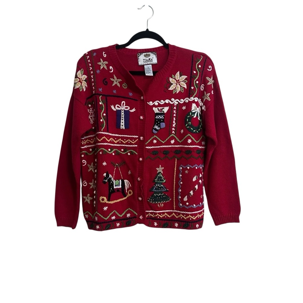 Tiara International Sweater Womens S Christmas Cardigan Embroidered 90s Grandma
